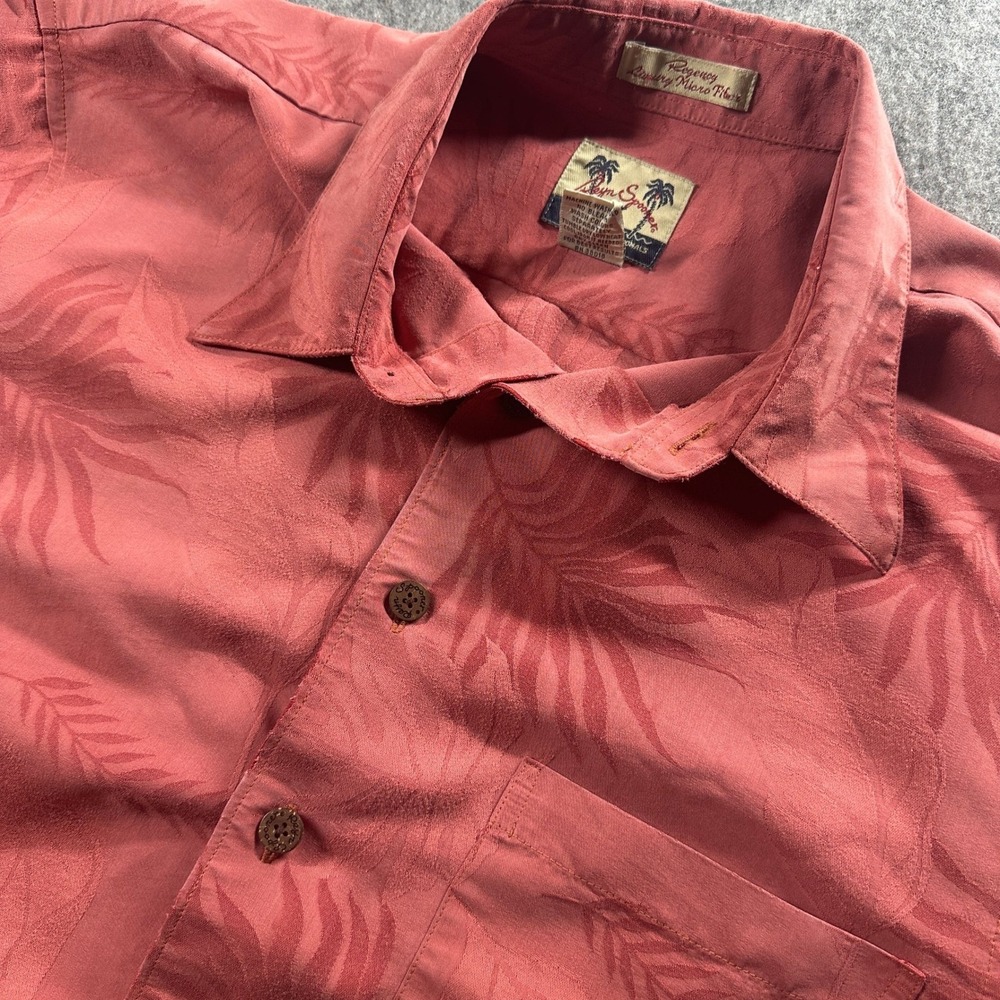 Reyn Spooner Hawaiian Shirt Men L Rose Pink Jacquard Tropical Leaf Rayon Flaws